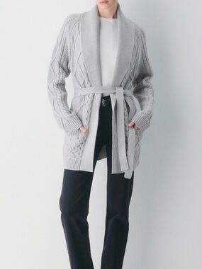 Aritzia Heritage Cable Knit Cardigan Sweater - Light Gray
